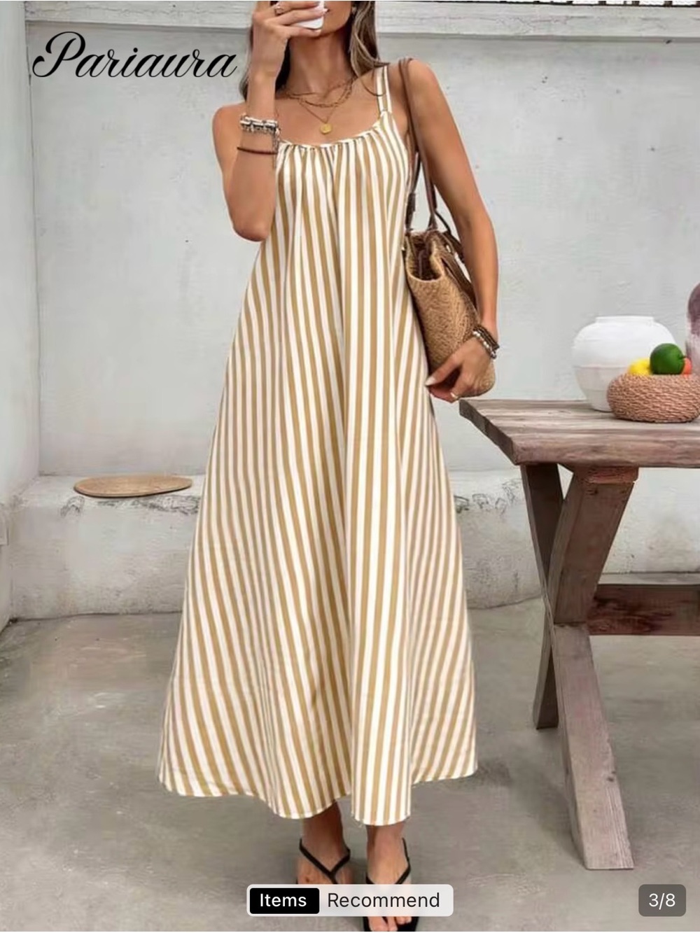 Cream & Tan Striped Spaghetti-Strap Maxi Dress